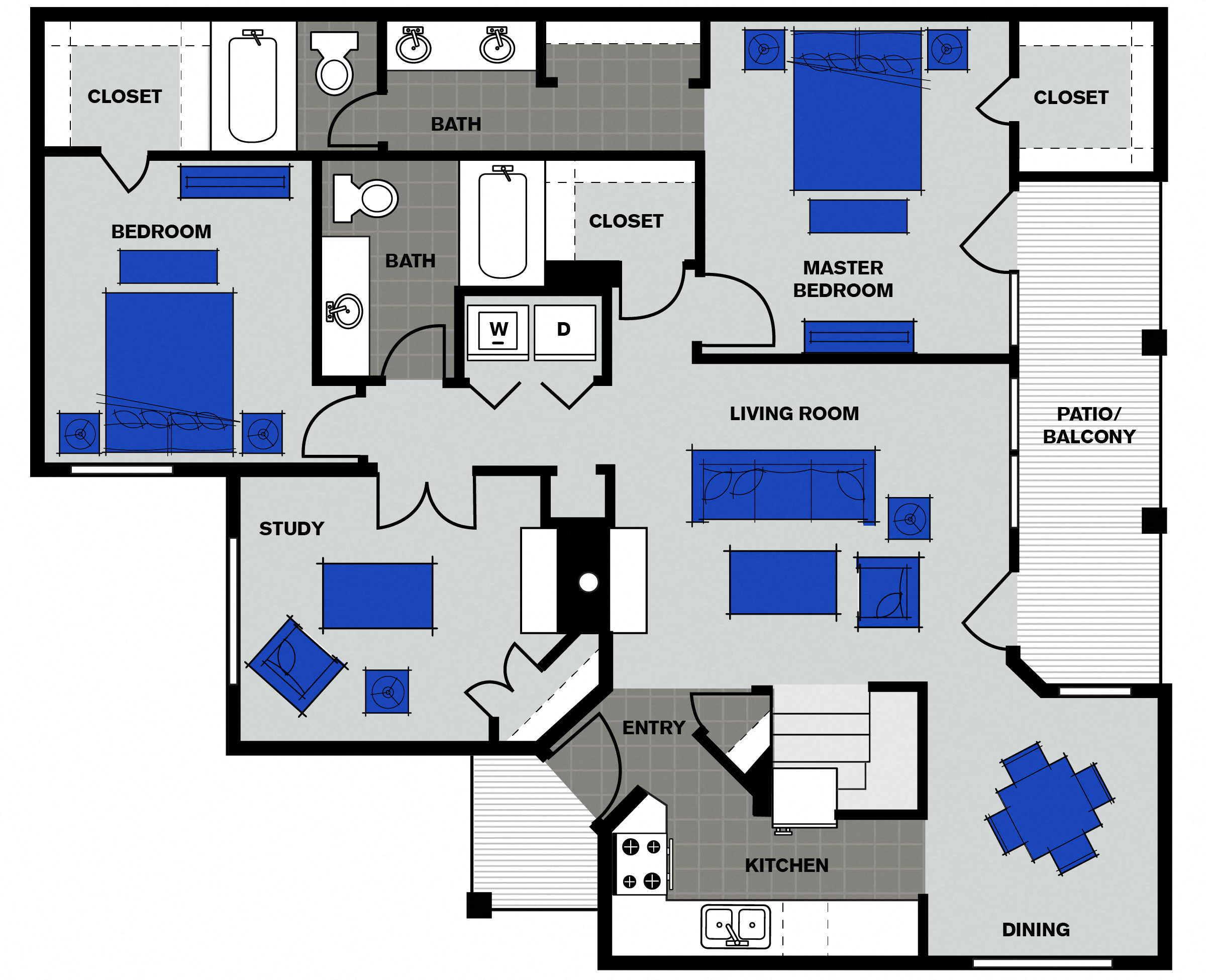 Floor plan for 3 beds, 2 baths, 1370 sqft